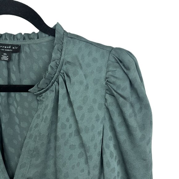 Current Air Split Neck Puff Sleeve Animal Leopard Jacquard Top Teal XS - Picture 2 of 8